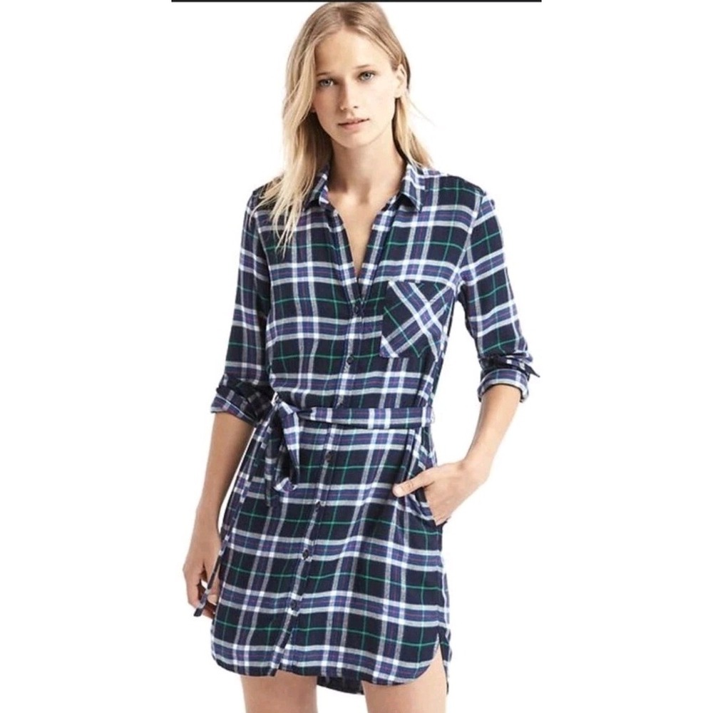 New Gap Pendleton Shirt Dress Blue Plaid Flannel Button Tie Waist Sz M‎ Outdoor